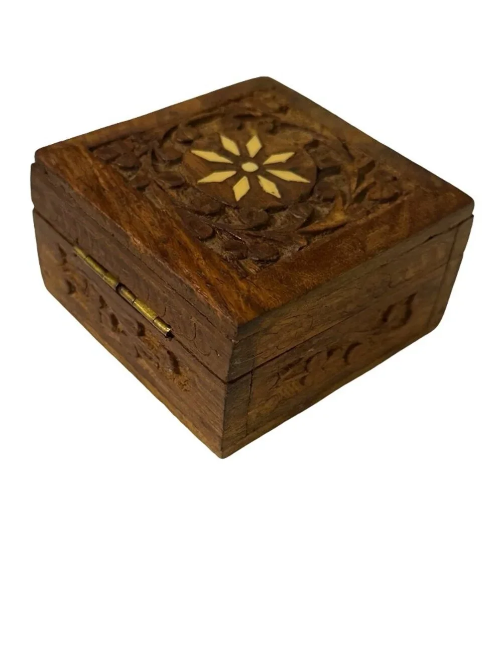 Carved Wooden Trinket Box Floral Inlay Jewelry Box Handmade Keepsake Storage Box
